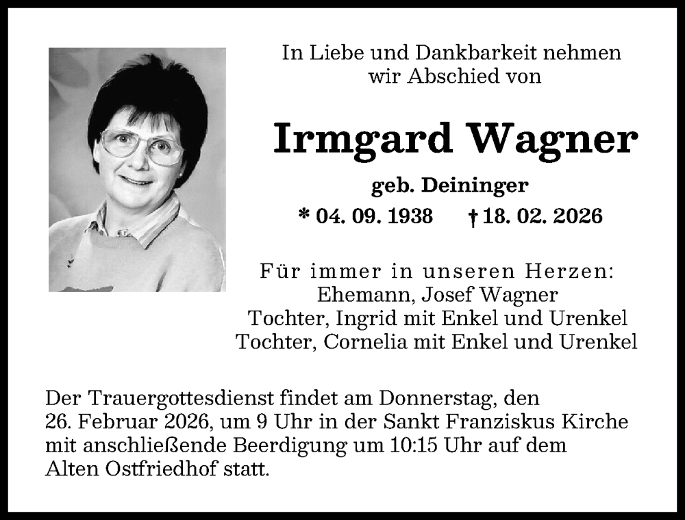  Traueranzeige für Irmgard Wagner vom 21.02.2026 aus Augsburger Allgemeine
