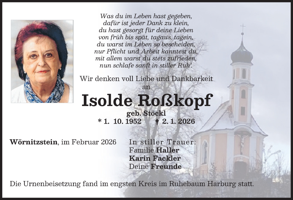  Traueranzeige für Isolde Roßkopf vom 13.02.2026 aus Donauwörther Zeitung
