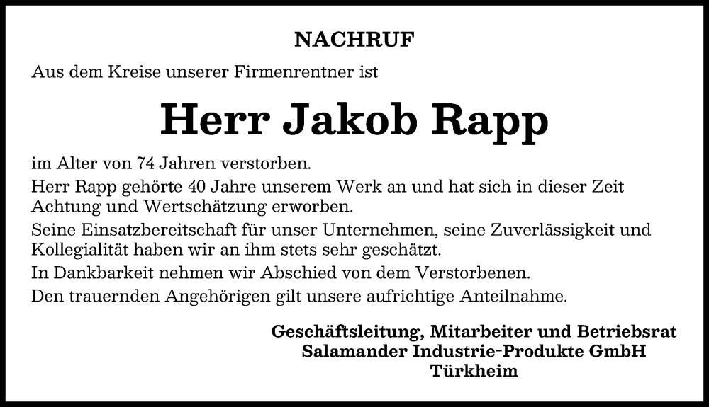  Traueranzeige für Jakob Rapp vom 23.02.2026 aus Mindelheimer Zeitung