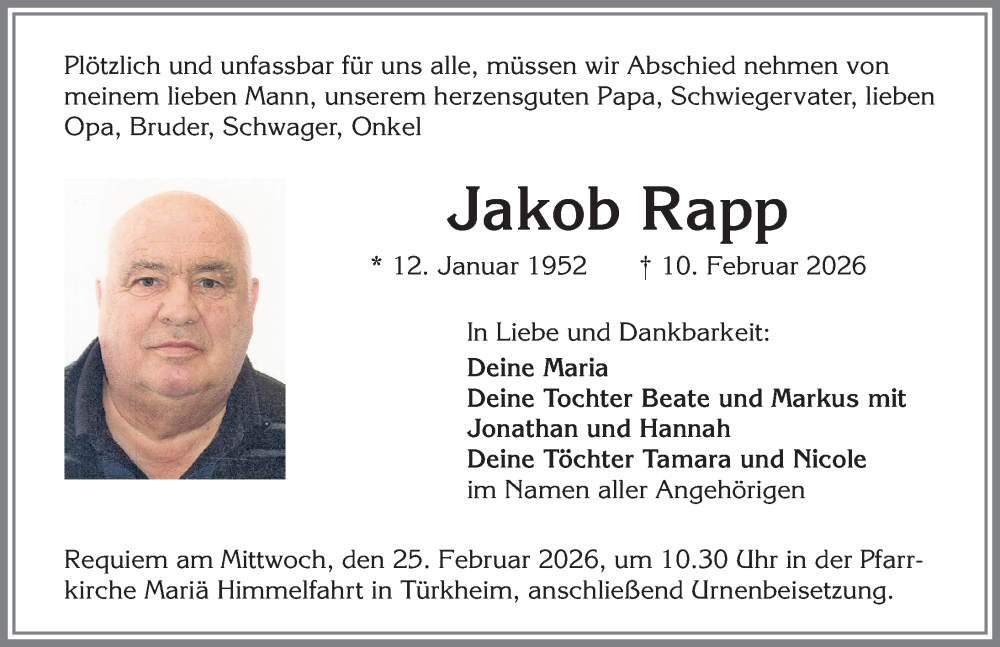  Traueranzeige für Jakob Rapp vom 21.02.2026 aus Mindelheimer Zeitung