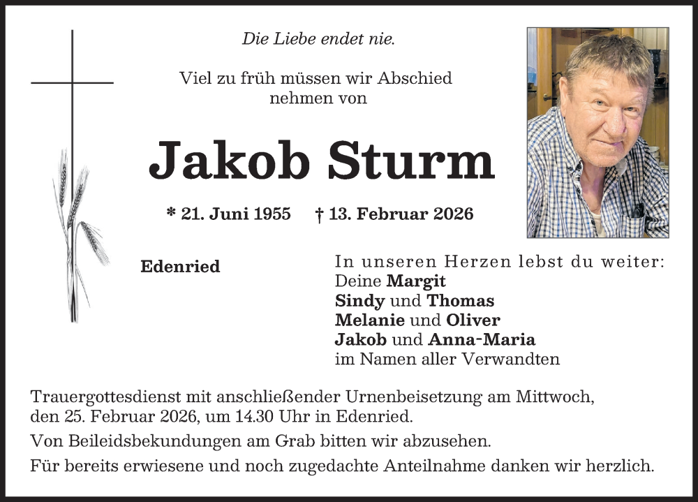  Traueranzeige für Jakob Sturm vom 21.02.2026 aus Aichacher Nachrichten