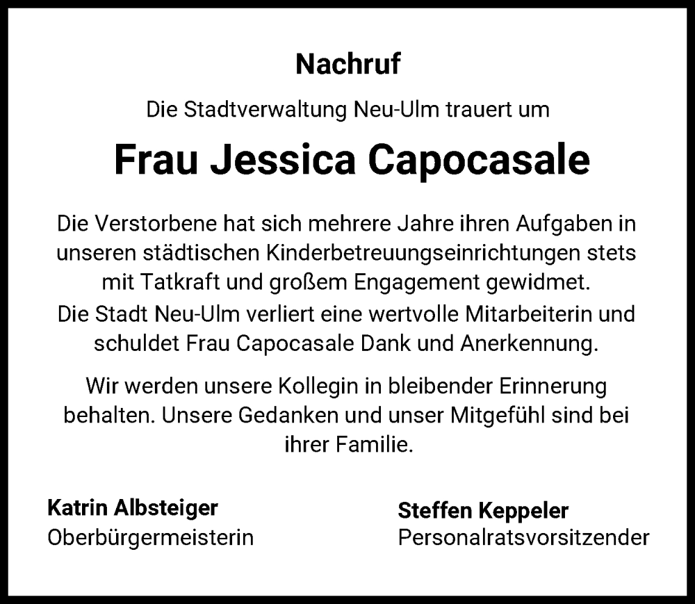  Traueranzeige für Jessica Capocasale vom 28.02.2026 aus Neu-Ulmer Zeitung