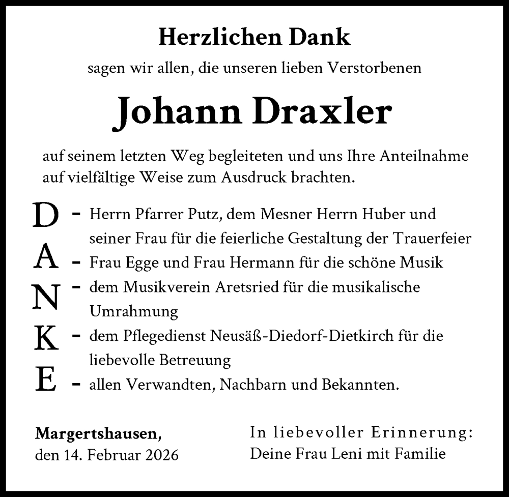  Traueranzeige für Johann Draxler vom 14.02.2026 aus Augsburger Allgemeine
