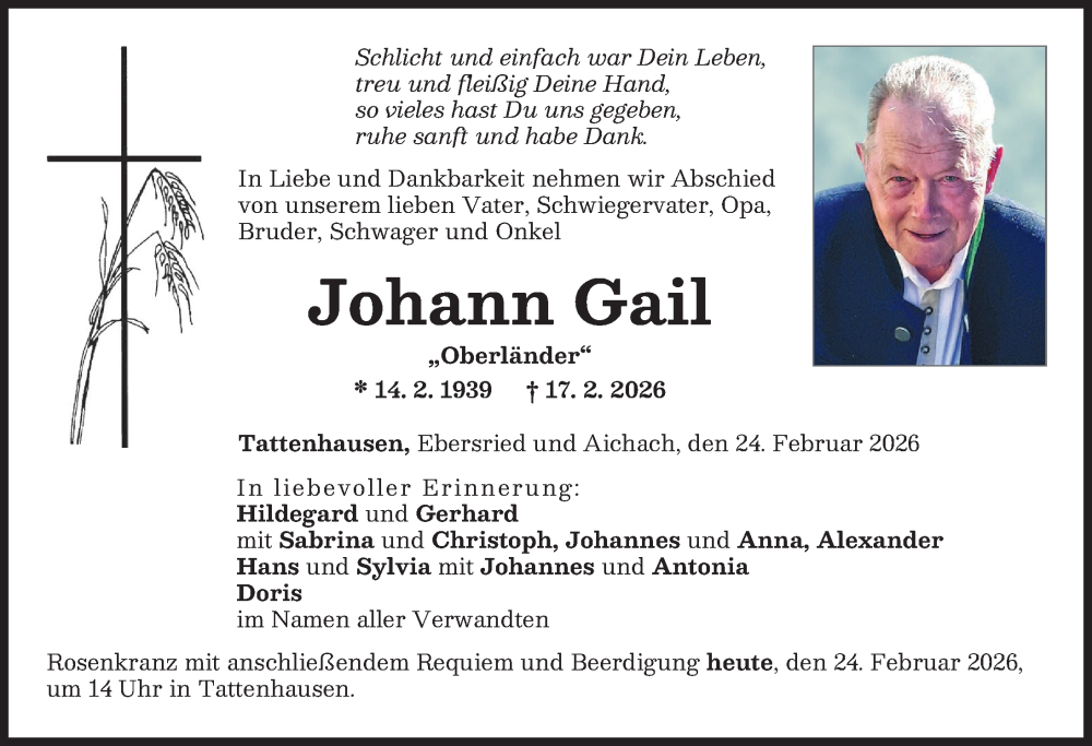 Traueranzeige von Johann Gail von Friedberger Allgemeine