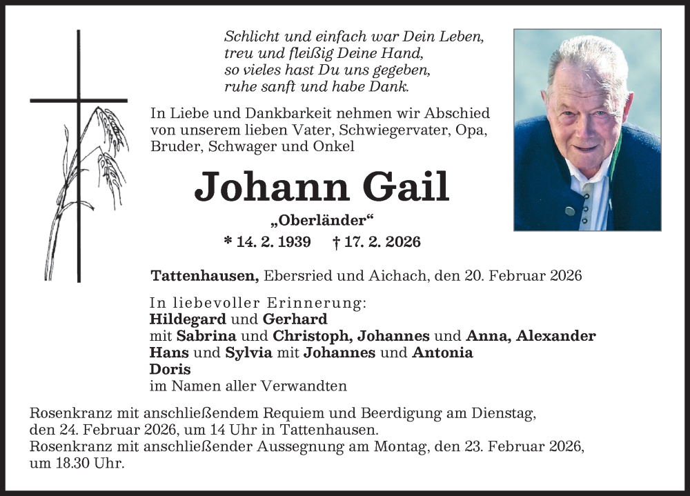  Traueranzeige für Johann Gail vom 20.02.2026 aus Friedberger Allgemeine