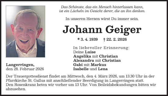Traueranzeige von Johann Geiger von Schwabmünchner Allgemeine