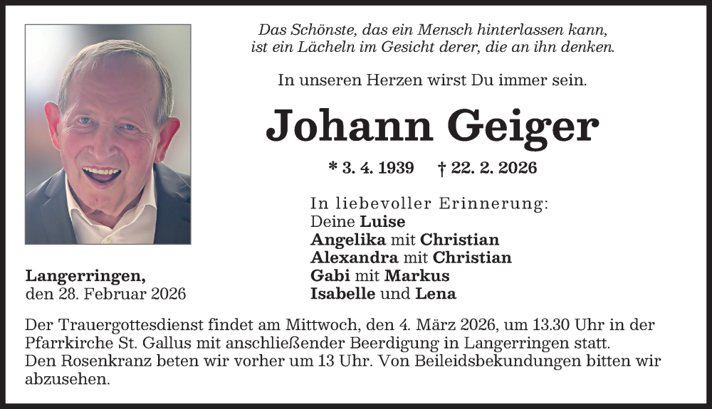 Traueranzeige von Johann Geiger von Schwabmünchner Allgemeine