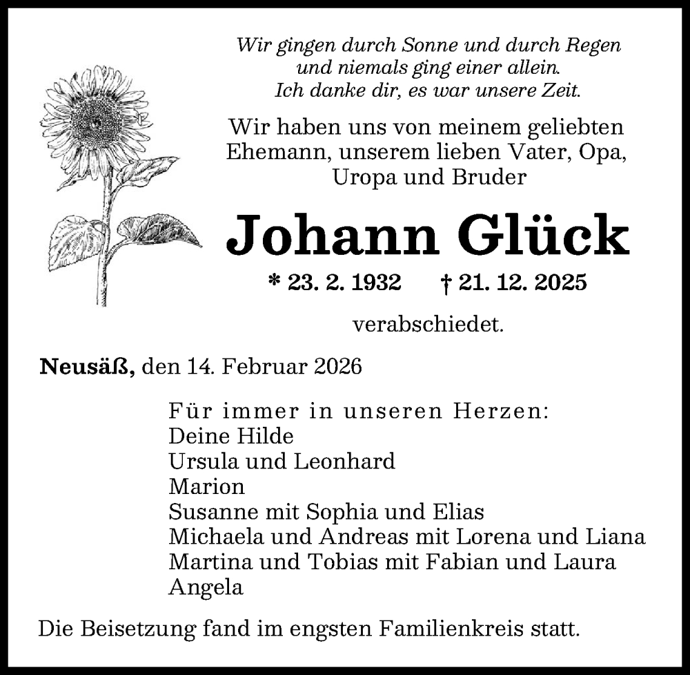  Traueranzeige für Johann Glück vom 14.02.2026 aus Augsburger Allgemeine