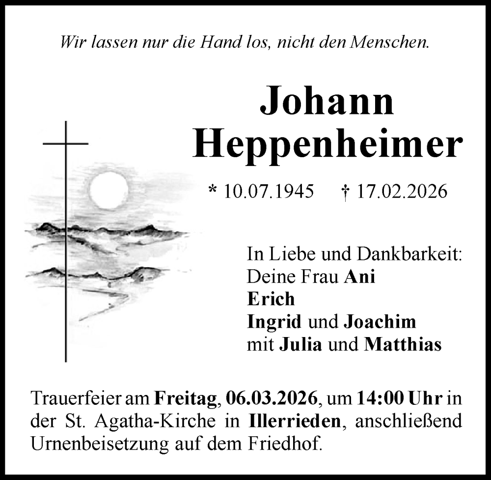  Traueranzeige für Johann Heppenheimer vom 28.02.2026 aus Illertisser Zeitung