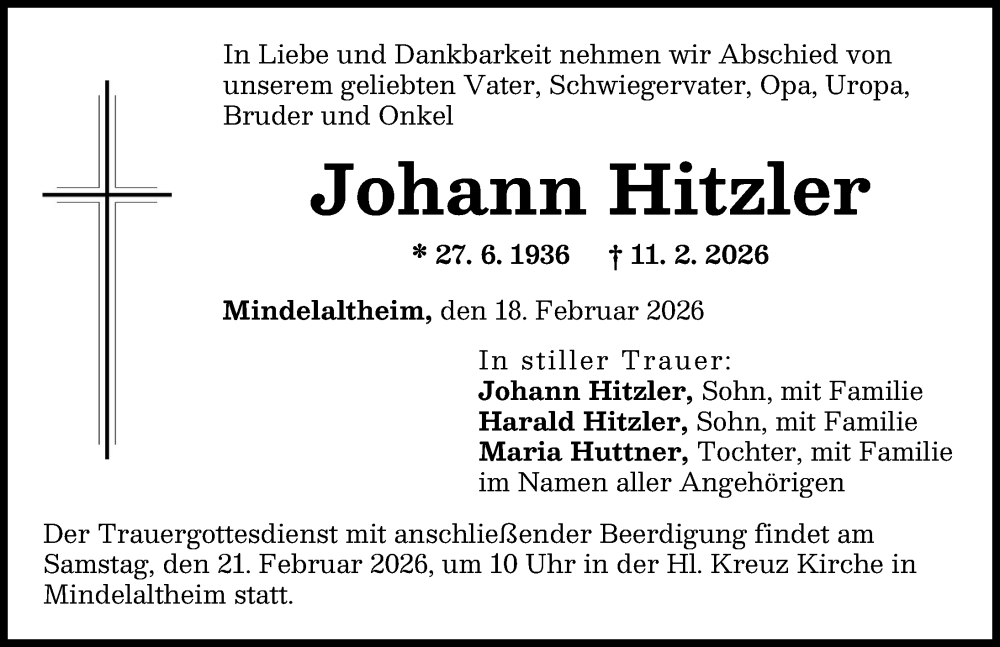  Traueranzeige für Johann Hitzler vom 18.02.2026 aus Günzburger Zeitung
