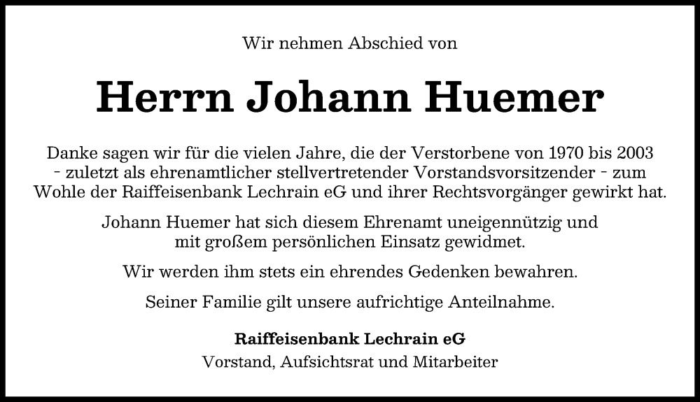  Traueranzeige für Johann Huemer vom 21.02.2026 aus Landsberger Tagblatt