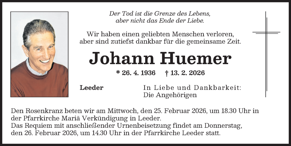  Traueranzeige für Johann Huemer vom 21.02.2026 aus Landsberger Tagblatt