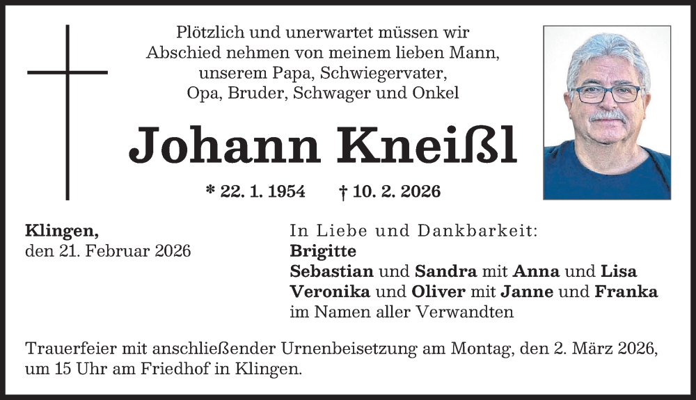  Traueranzeige für Johann Kneißl vom 21.02.2026 aus Aichacher Nachrichten