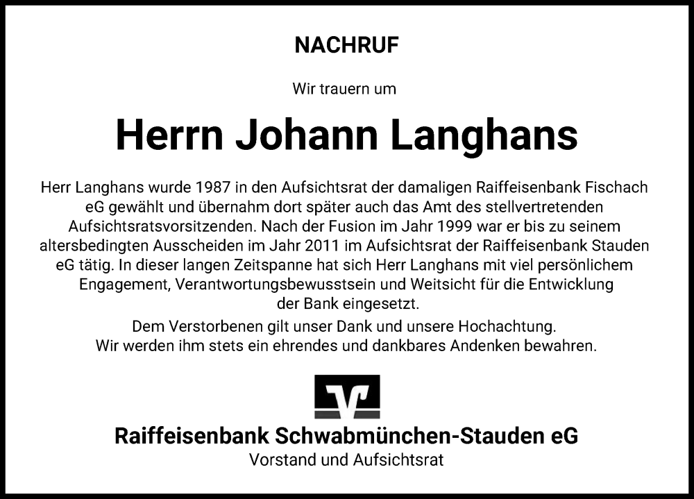 Traueranzeige von Johann Langhans von Augsburg-Land, Schwabmünchner Allgemeine