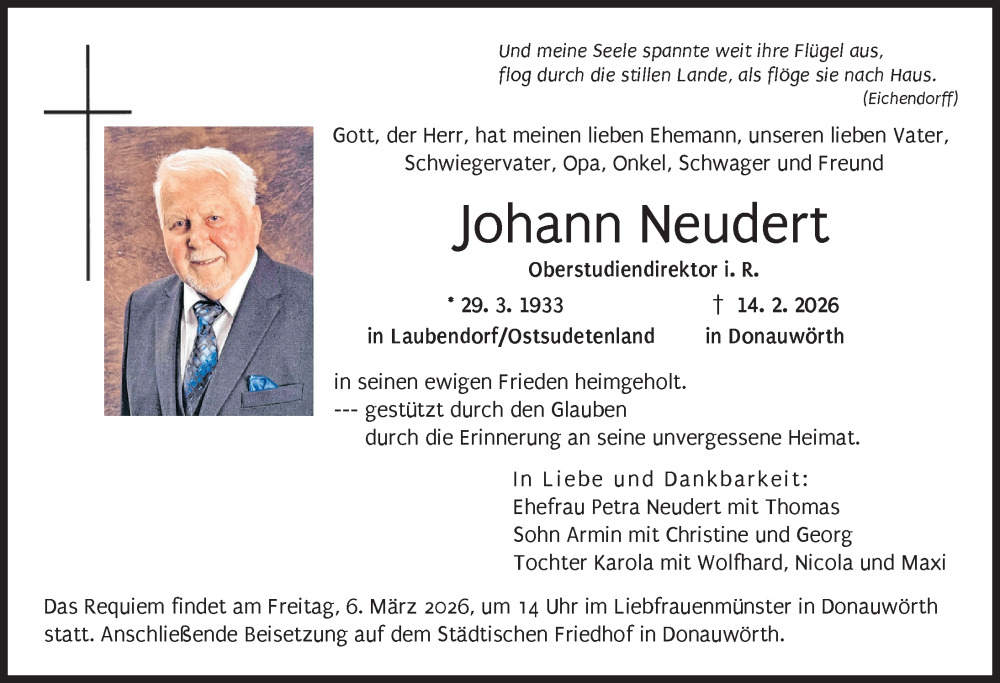  Traueranzeige für Johann Neudert vom 28.02.2026 aus Donauwörther Zeitung