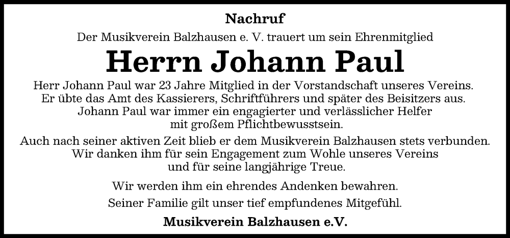  Traueranzeige für Johann Paul vom 19.02.2026 aus Mittelschwäbische Nachrichten