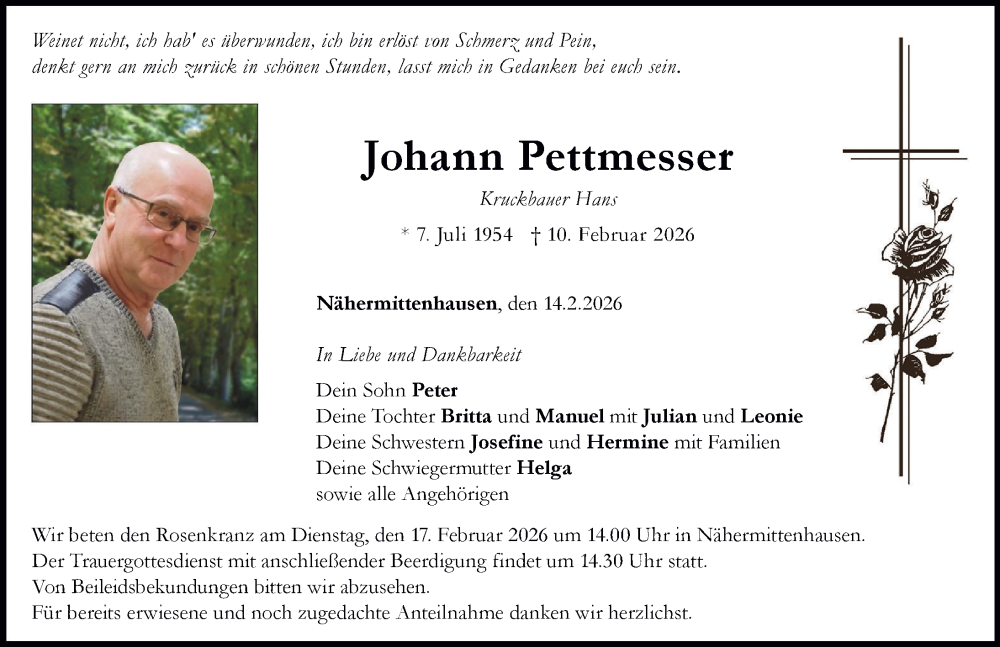  Traueranzeige für Johann Pettmesser vom 14.02.2026 aus Neuburger Rundschau