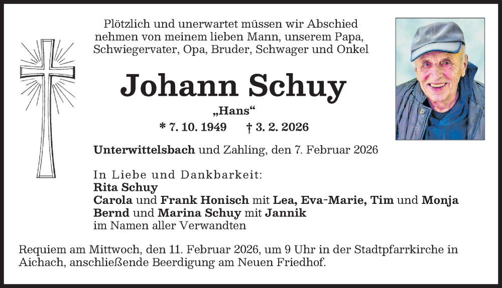  Traueranzeige für Johann Schuy vom 07.02.2026 aus Aichacher Nachrichten