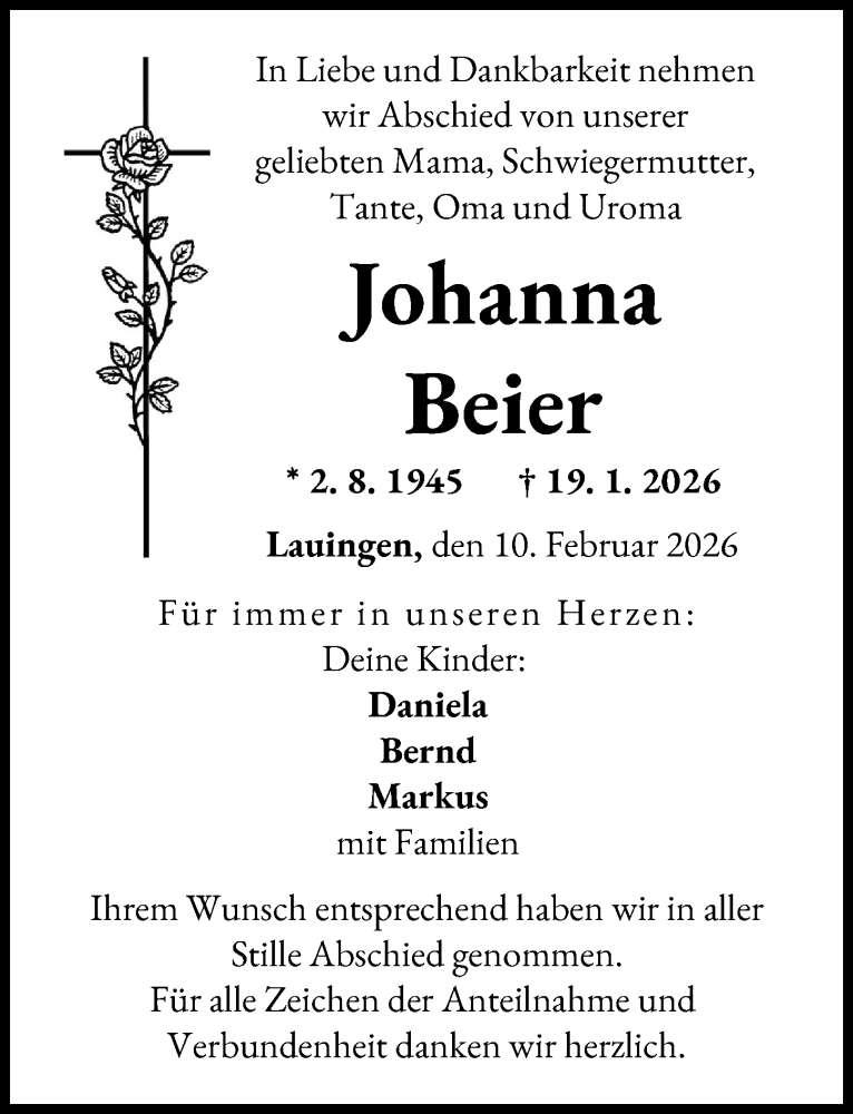  Traueranzeige für Johanna Beier vom 10.02.2026 aus Donau Zeitung