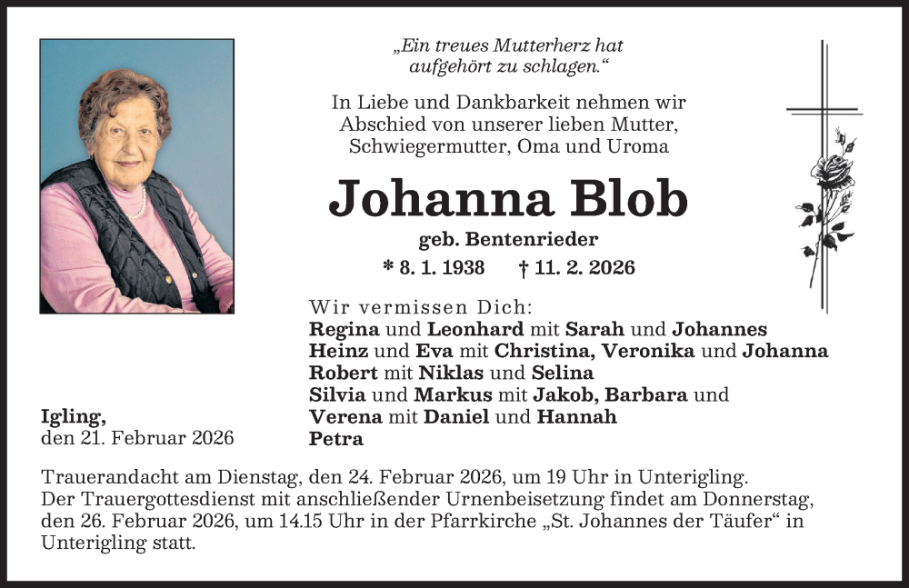  Traueranzeige für Johanna Blob vom 21.02.2026 aus Landsberger Tagblatt