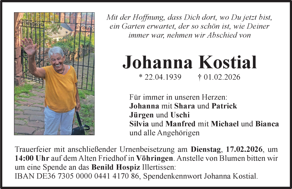  Traueranzeige für Johanna Kostial vom 13.02.2026 aus Günzburger Zeitung, Illertisser Zeitung