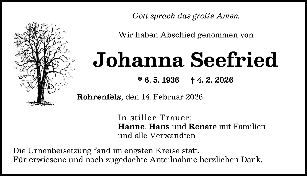  Traueranzeige für Johanna Seefried vom 14.02.2026 aus Neuburger Rundschau