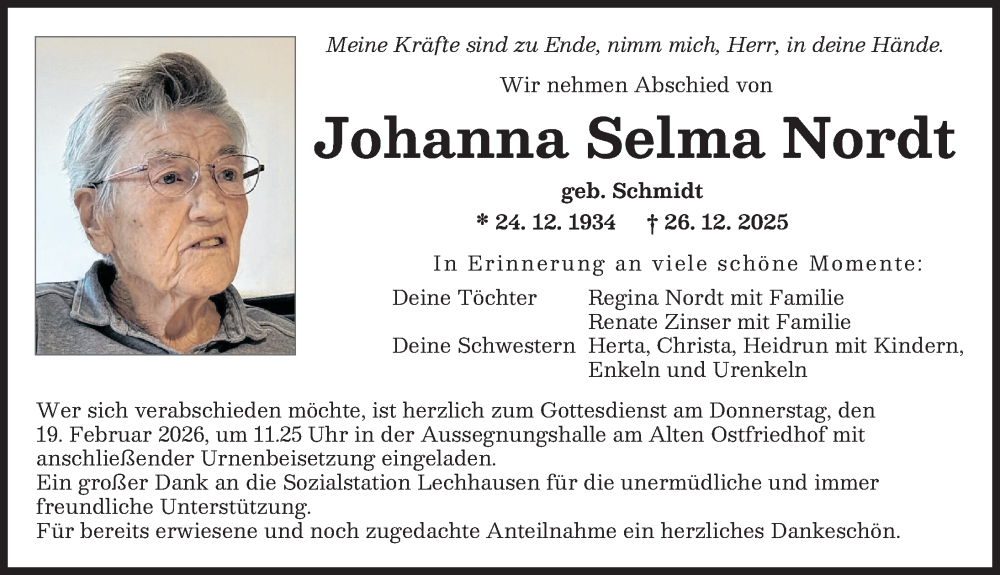  Traueranzeige für Johanna Selma Nordt vom 14.02.2026 aus Augsburger Allgemeine