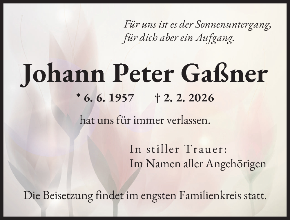  Traueranzeige für Johann Peter Gaßner vom 14.02.2026 aus Neu-Ulmer Zeitung