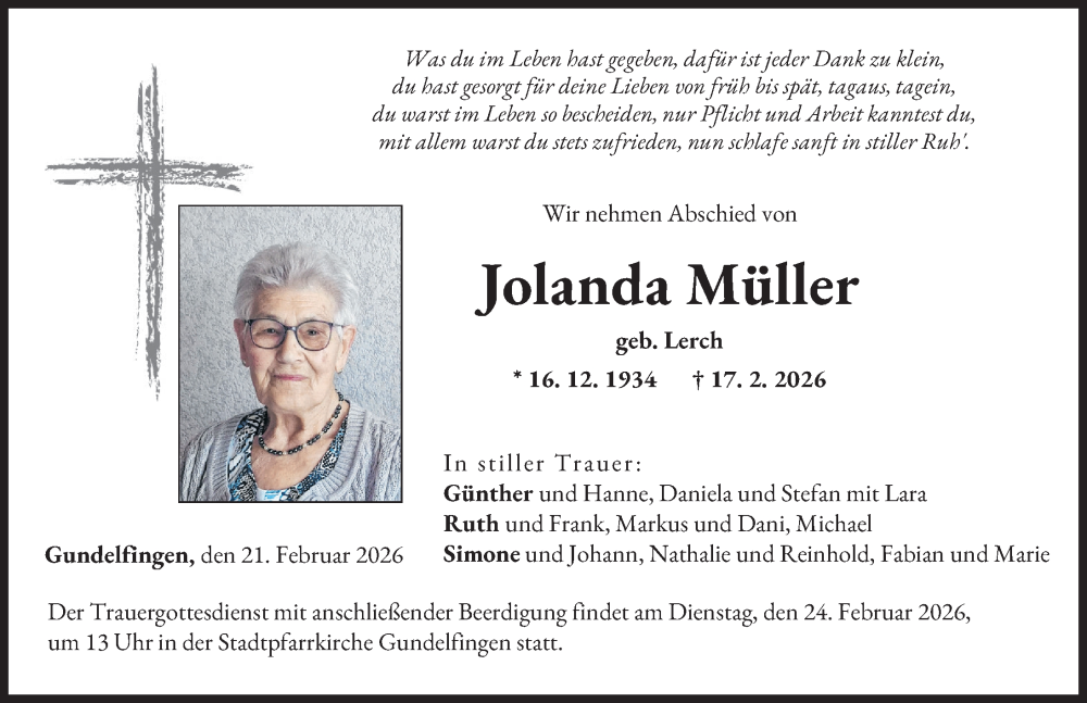  Traueranzeige für Jolanda Müller vom 21.02.2026 aus Donau Zeitung