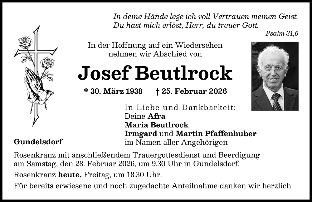  Traueranzeige für Josef Beutlrock vom 27.02.2026 aus Aichacher Nachrichten