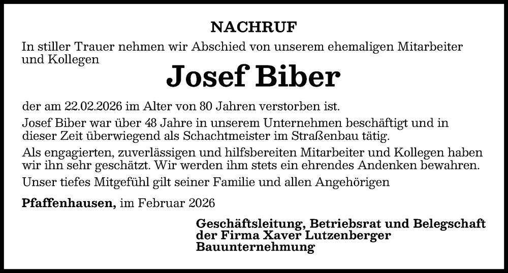 Traueranzeige von Josef Biber von Mindelheimer Zeitung