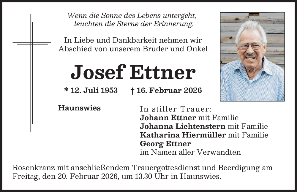  Traueranzeige für Josef Ettner vom 19.02.2026 aus Aichacher Nachrichten