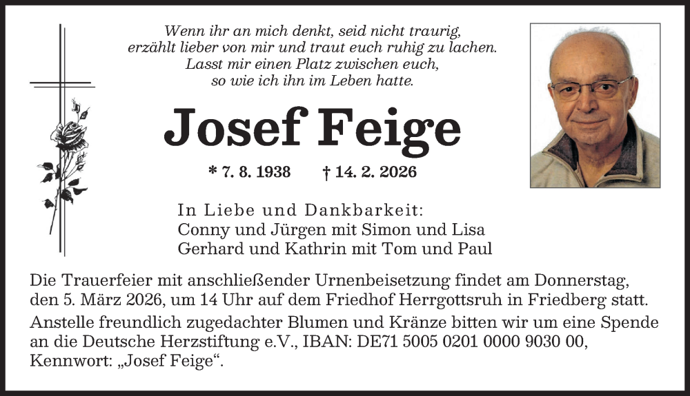  Traueranzeige für Josef Feige vom 28.02.2026 aus Augsburger Allgemeine
