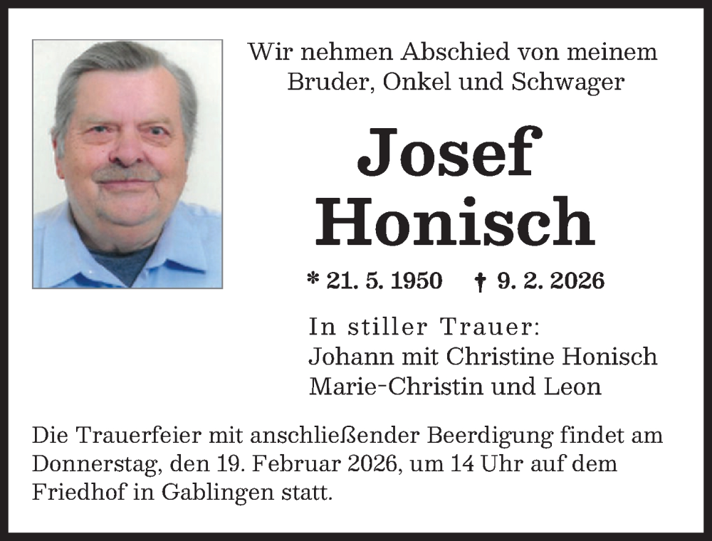  Traueranzeige für Josef Honisch vom 14.02.2026 aus Augsburger Allgemeine