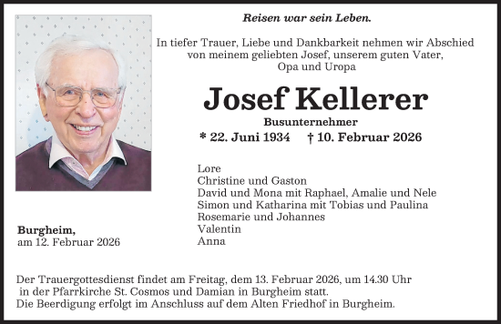 Traueranzeige von Josef Kellerer von Neuburger Rundschau