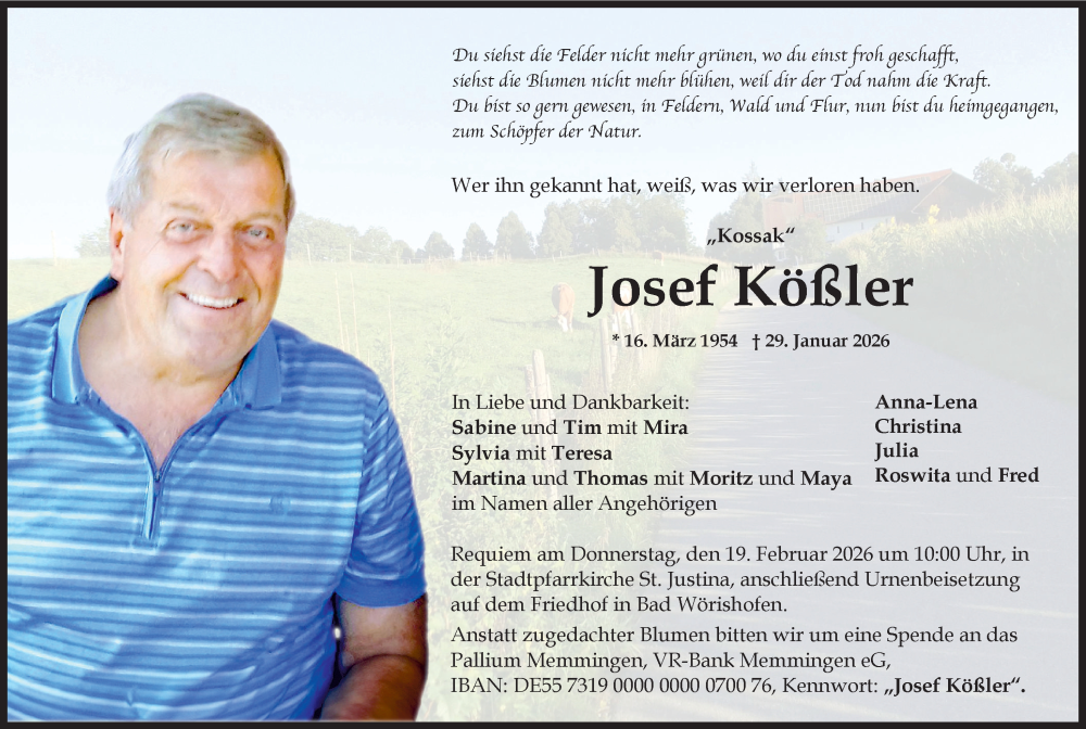  Traueranzeige für Josef Kößler vom 14.02.2026 aus Mindelheimer Zeitung