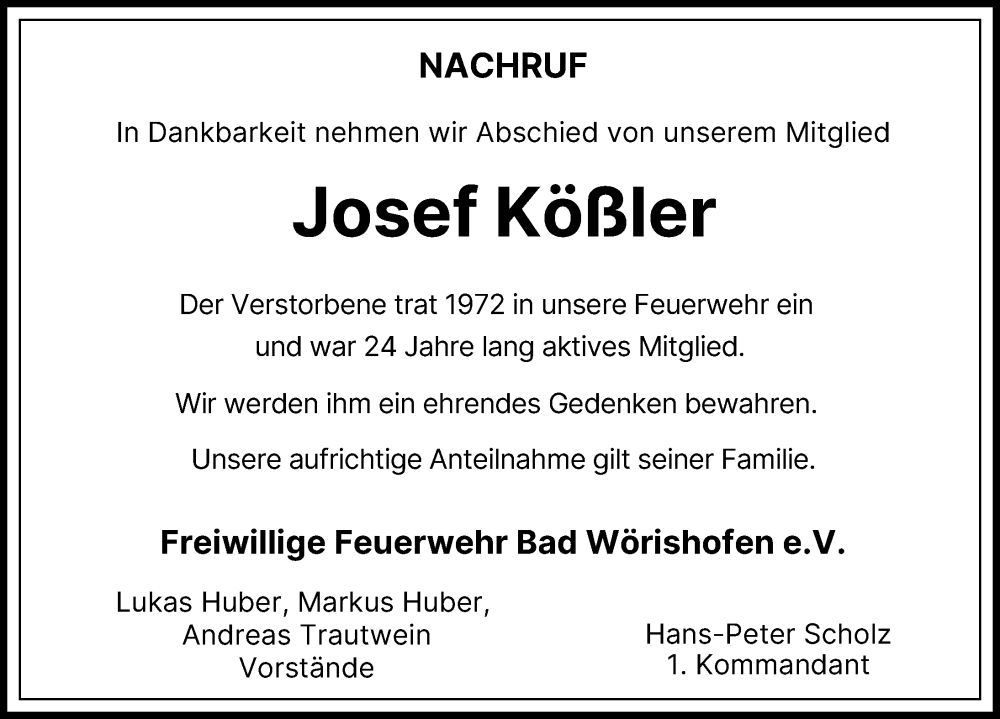  Traueranzeige für Josef Kößler vom 14.02.2026 aus Mindelheimer Zeitung
