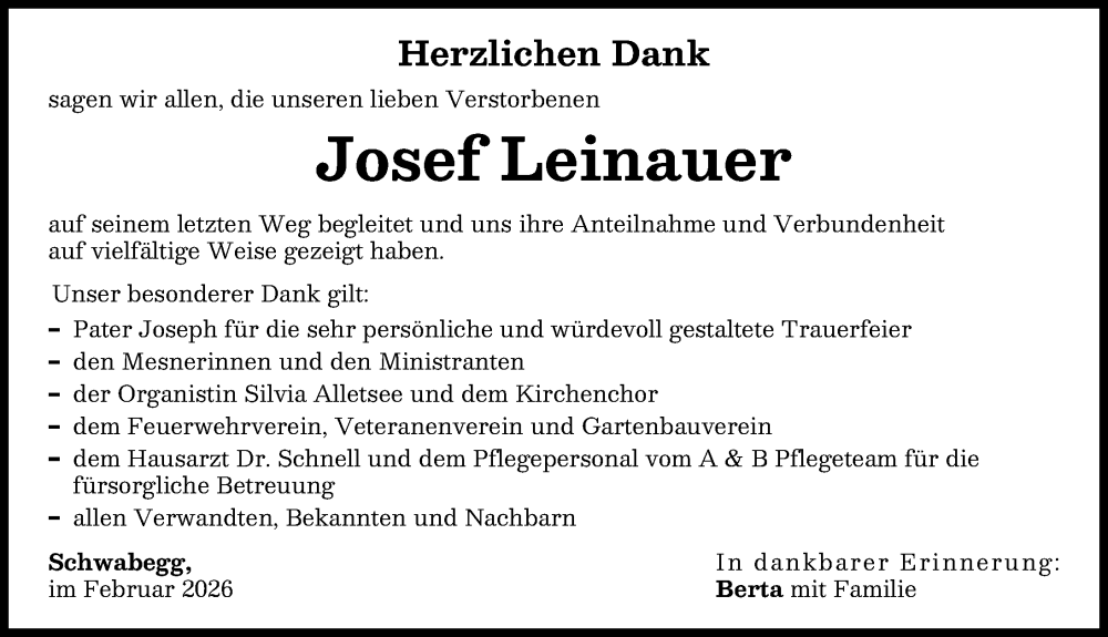  Traueranzeige für Josef Leinauer vom 14.02.2026 aus Schwabmünchner Allgemeine