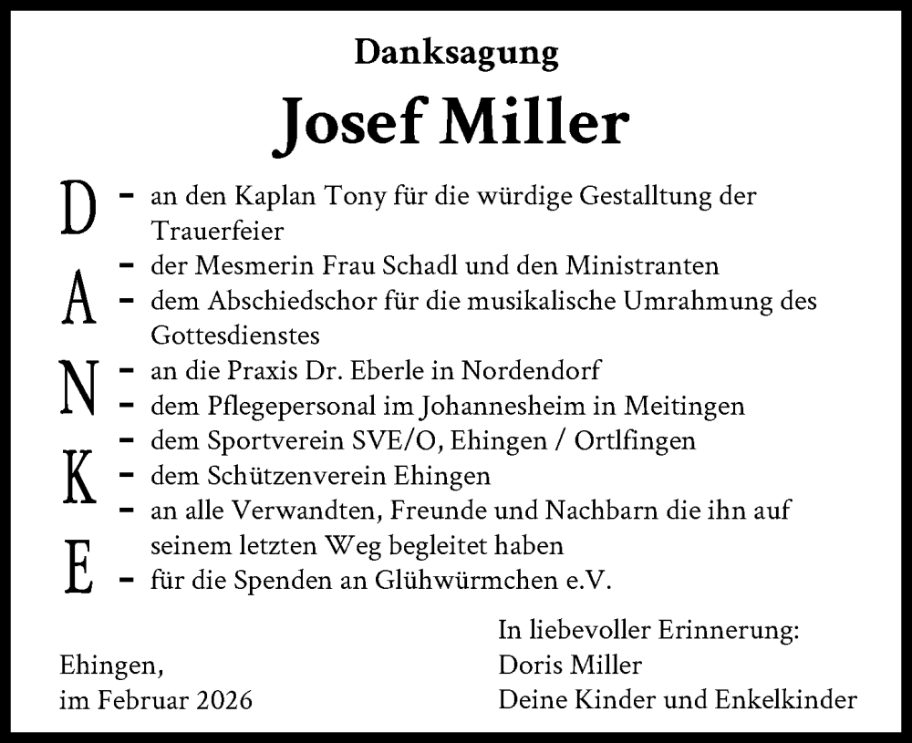 Traueranzeige für Josef Miller vom 21.02.2026 aus Wertinger Zeitung, Augsburg-Land