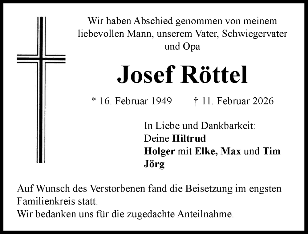  Traueranzeige für Josef Röttel vom 27.02.2026 aus Rieser Nachrichten