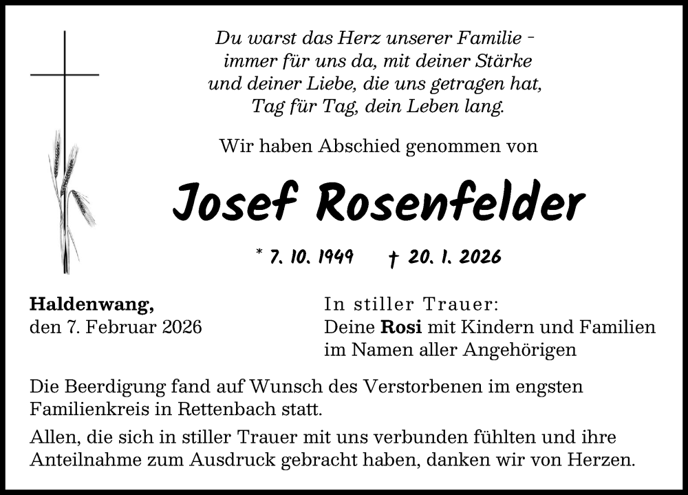  Traueranzeige für Josef Rosenfelder vom 07.02.2026 aus Günzburger Zeitung