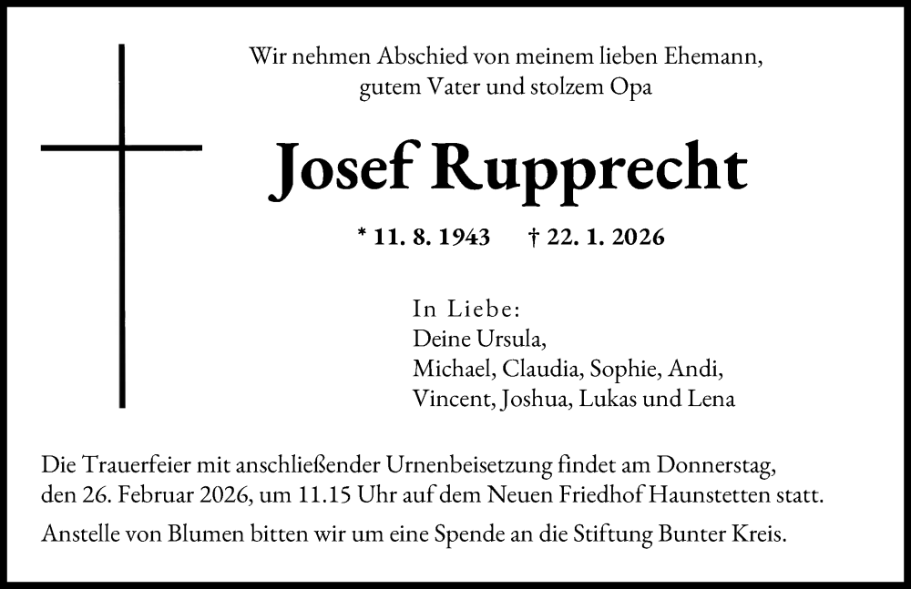  Traueranzeige für Josef Rupprecht vom 21.02.2026 aus Augsburger Allgemeine