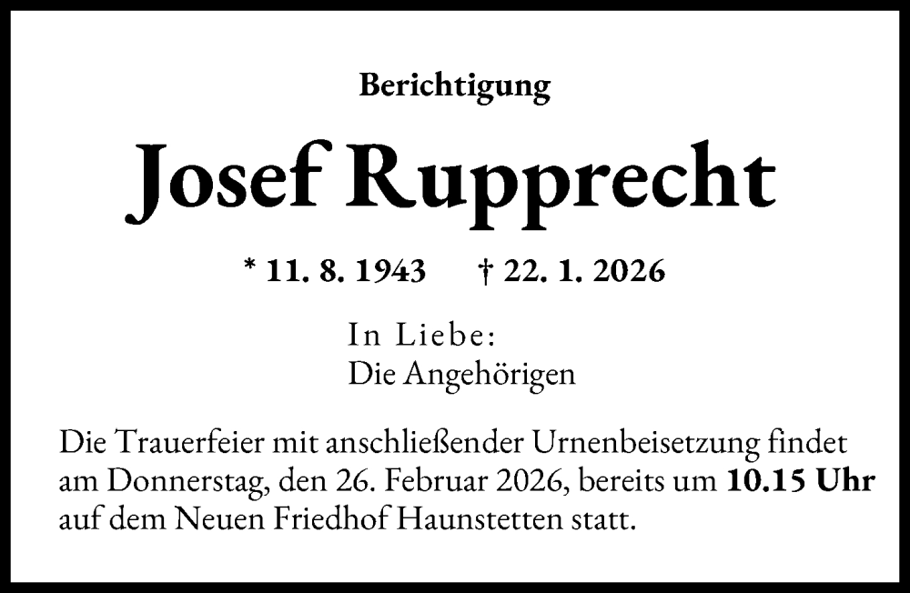 Traueranzeige von Josef Rupprecht von Augsburger Allgemeine