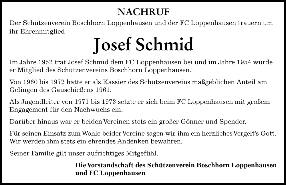  Traueranzeige für Josef Schmid vom 03.02.2026 aus Mindelheimer Zeitung
