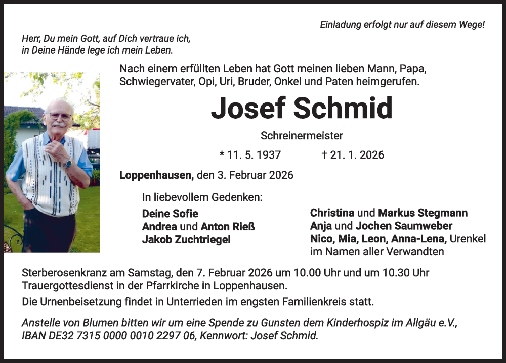  Traueranzeige für Josef Schmid vom 03.02.2026 aus Mittelschwäbische Nachrichten