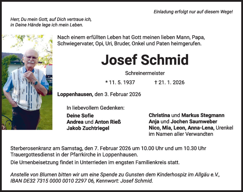  Traueranzeige für Josef Schmid vom 03.02.2026 aus Mindelheimer Zeitung