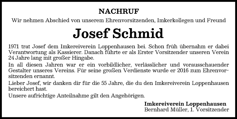  Traueranzeige für Josef Schmid vom 03.02.2026 aus Mindelheimer Zeitung