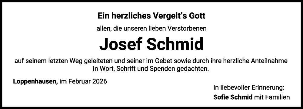  Traueranzeige für Josef Schmid vom 21.02.2026 aus Mittelschwäbische Nachrichten