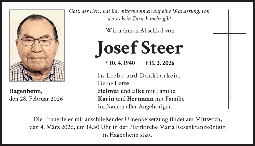  Traueranzeige für Josef Steer vom 28.02.2026 aus Landsberger Tagblatt