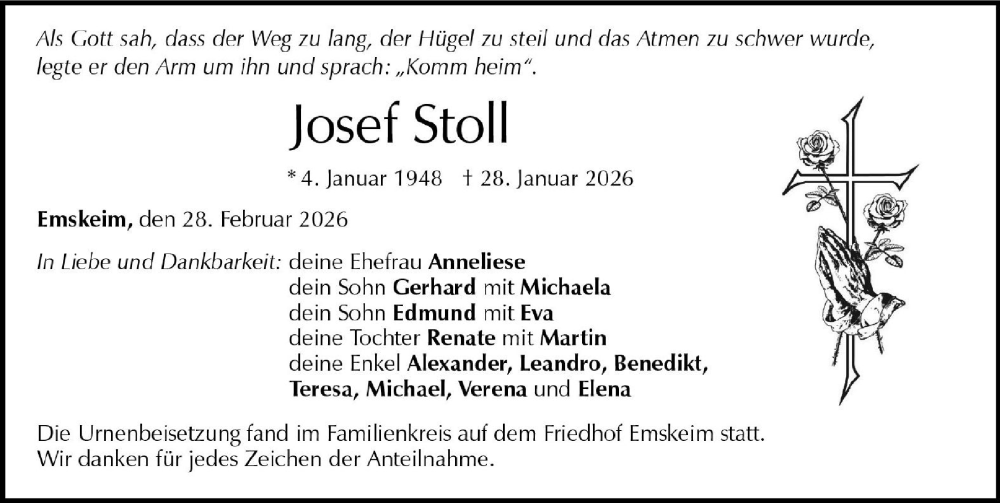  Traueranzeige für Josef Stoll vom 28.02.2026 aus Neuburger Rundschau